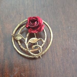 Elegant Gold and Red Rose Brooch